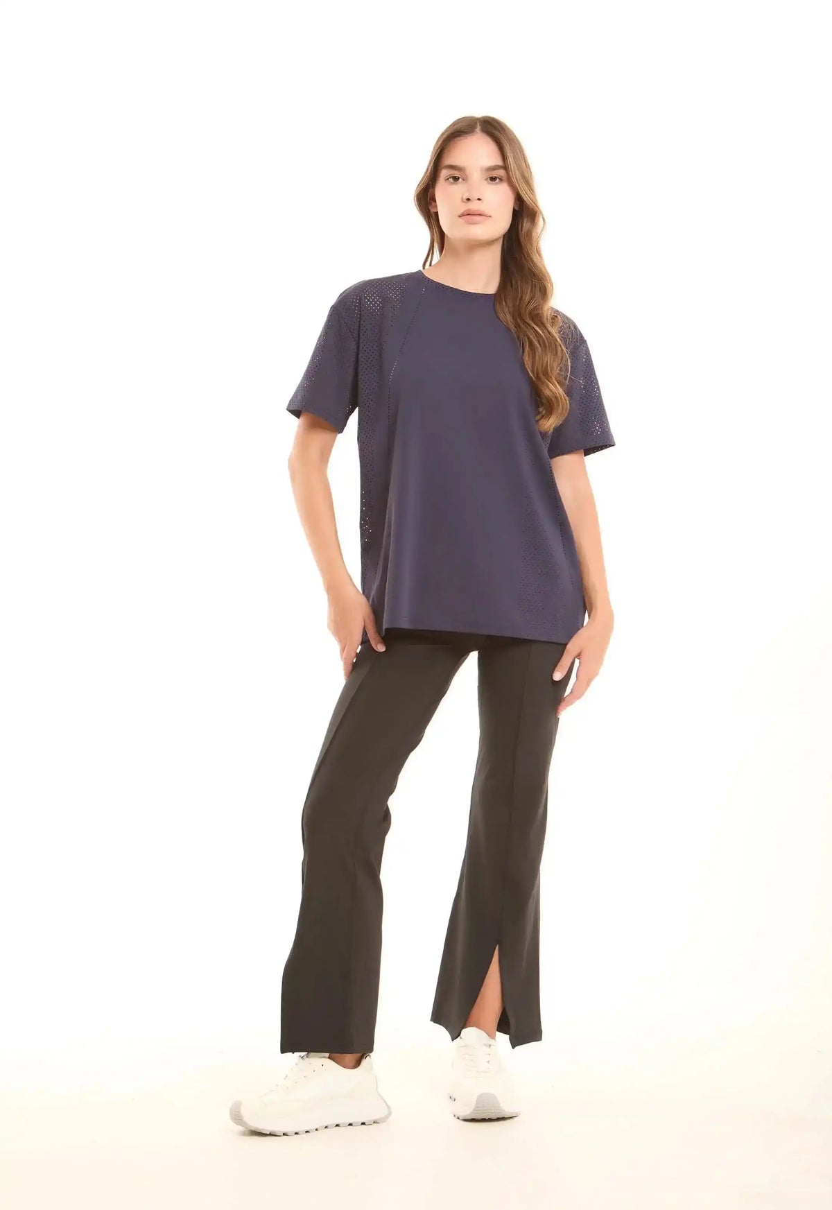 Solid Crew Neck Tee with Perforated Sleeves