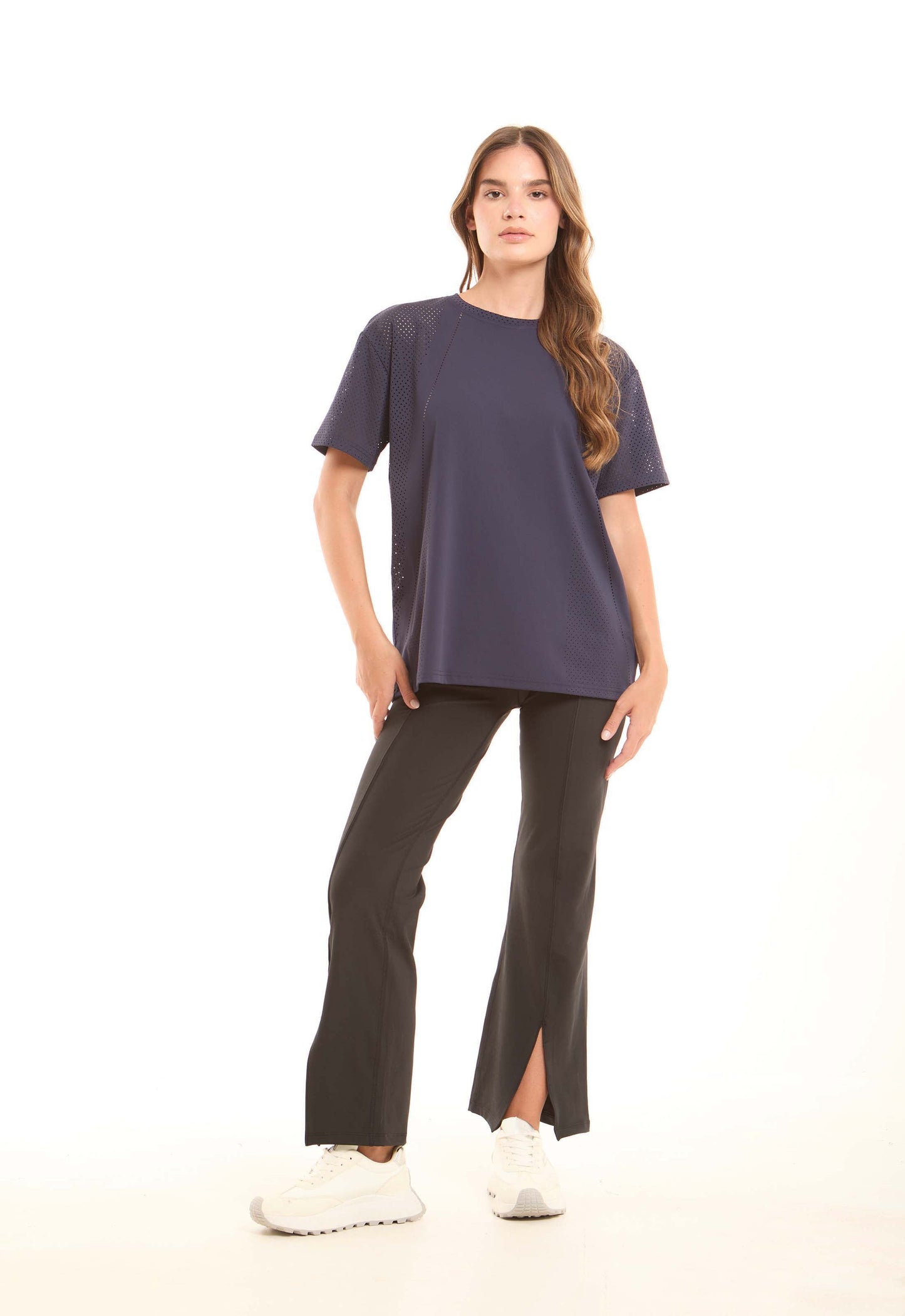 Solid Crew Neck Tee with Perforated Sleeves