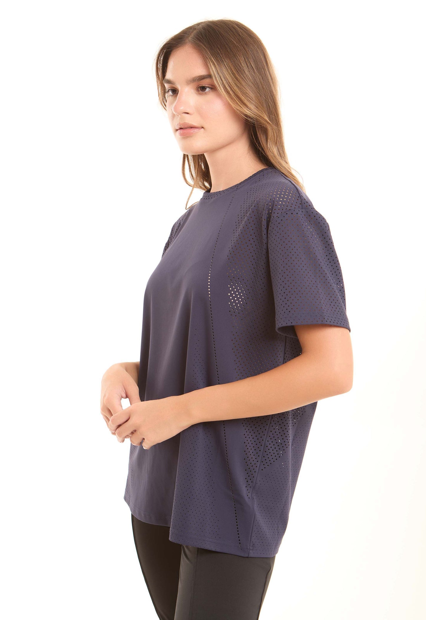 Solid Crew Neck Tee with Perforated Sleeves