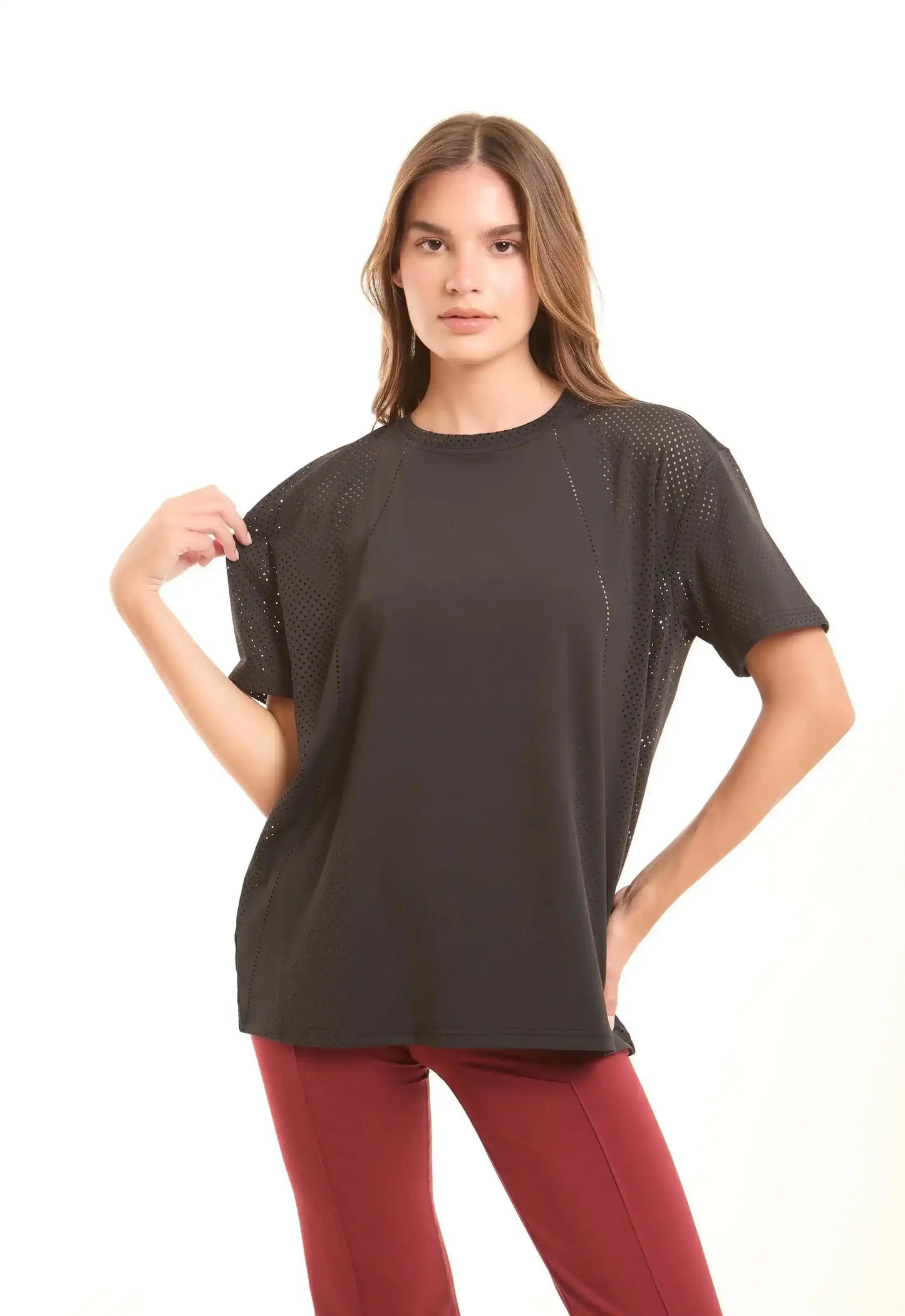 Solid Crew Neck Tee with Perforated Sleeves