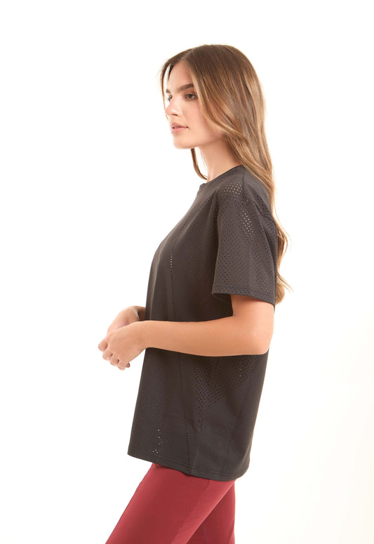 Solid Crew Neck Tee with Perforated Sleeves