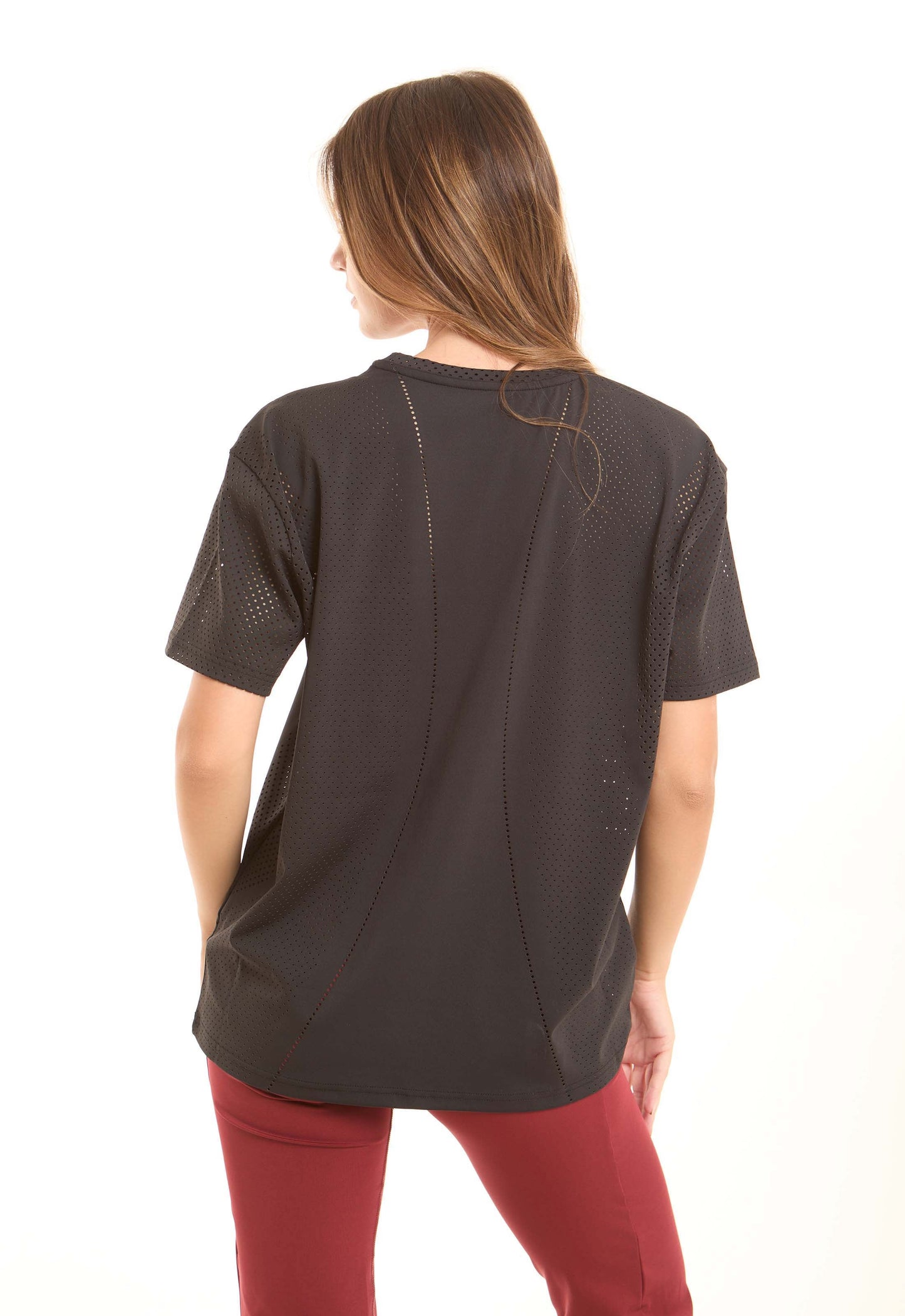 Solid Crew Neck Tee with Perforated Sleeves