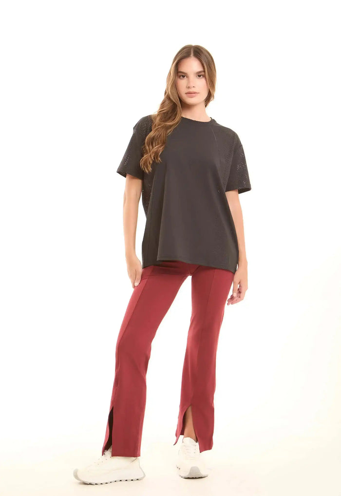 Solid Crew Neck Tee with Perforated Sleeves
