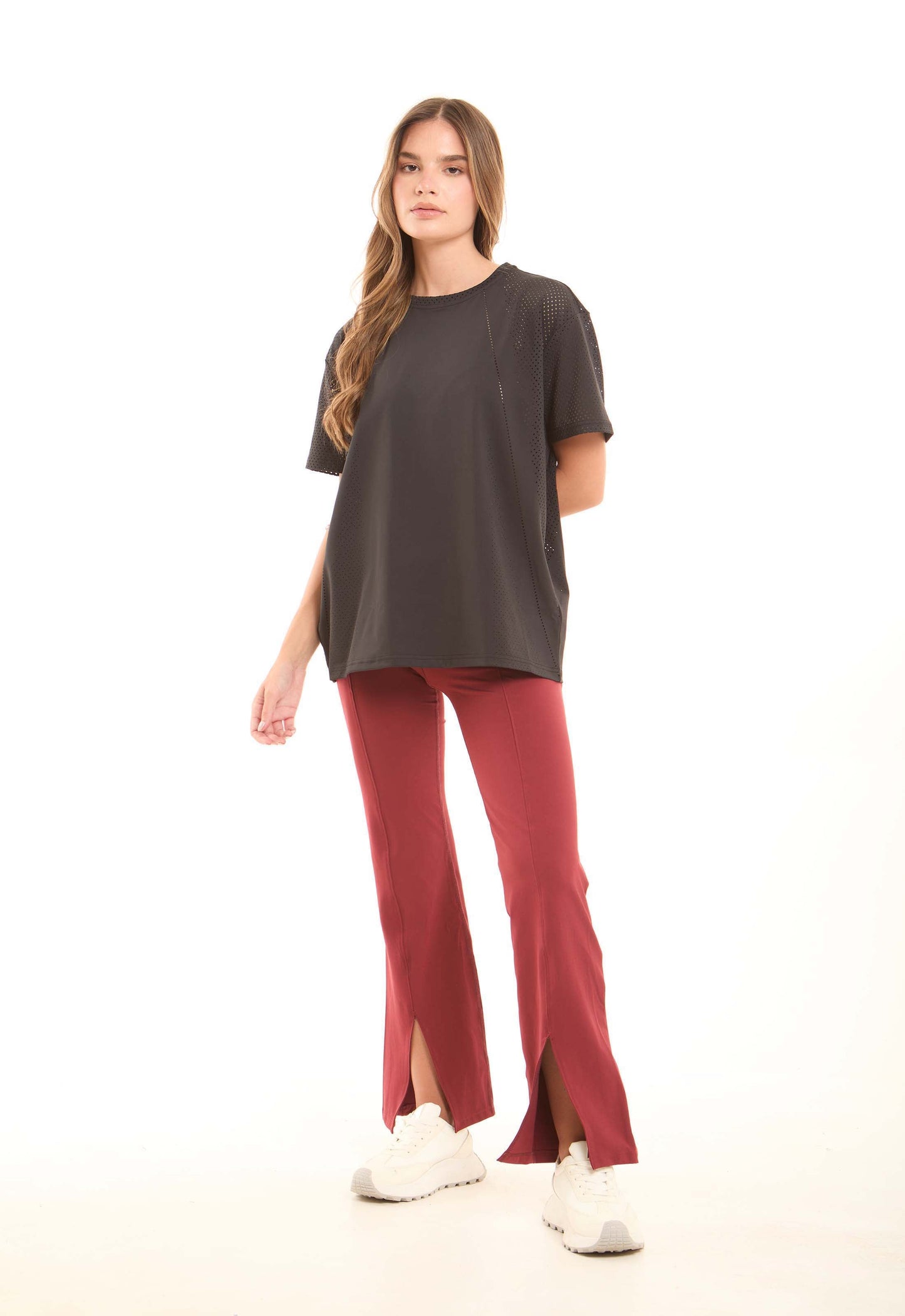 Solid Crew Neck Tee with Perforated Sleeves