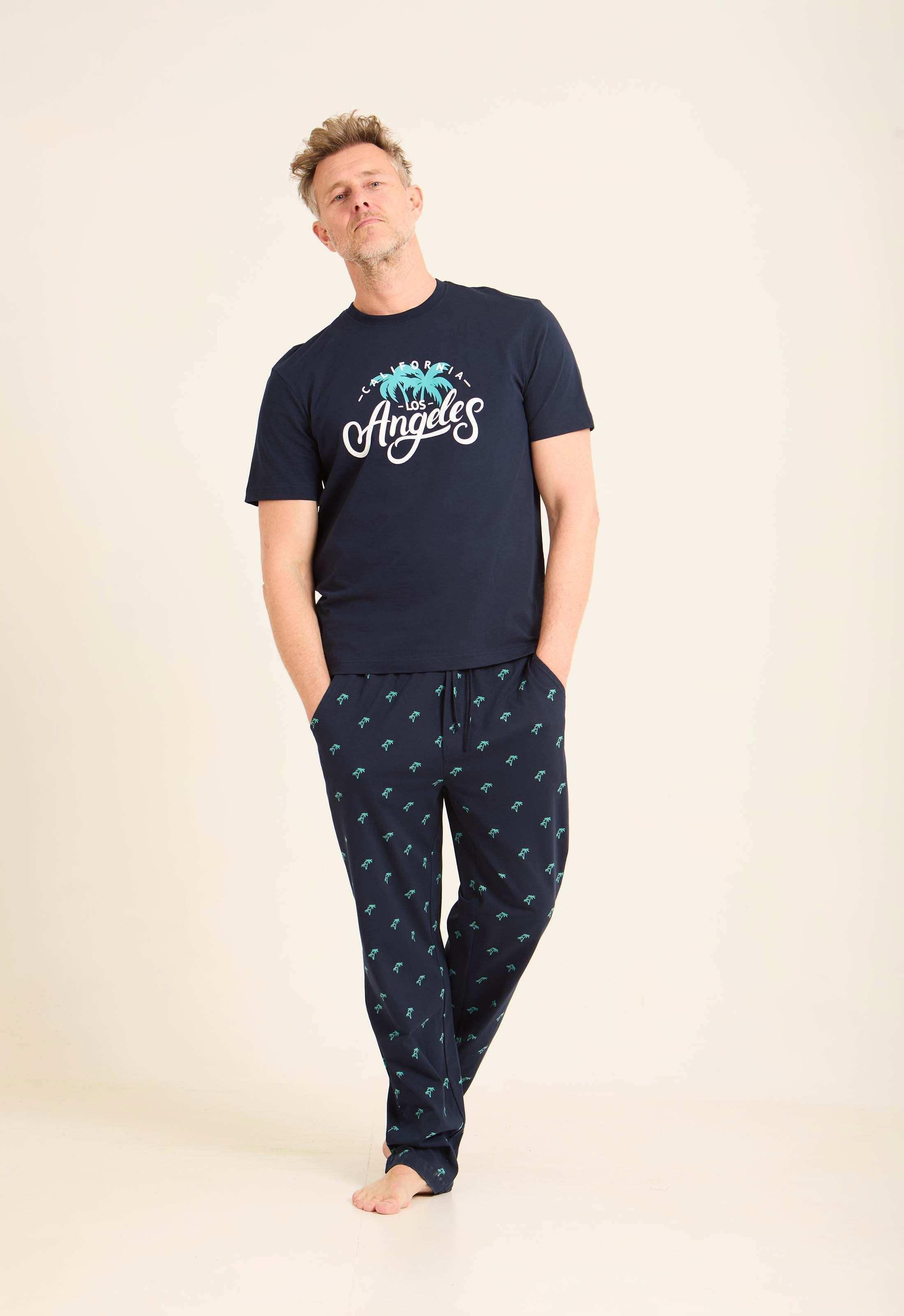 Men Pajama Crew Neck Set Cotton Navy