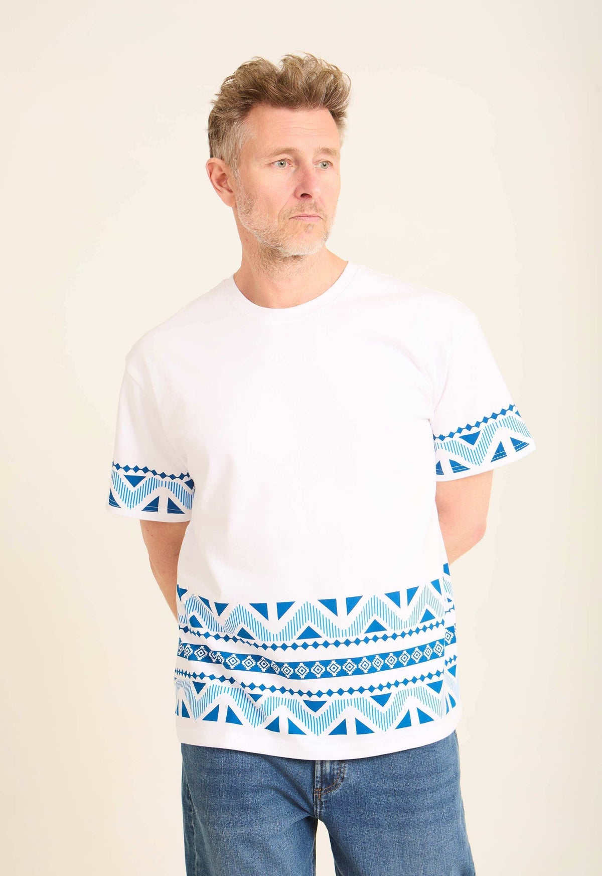 Crew Neck Tee with Geometric Pattern Trim