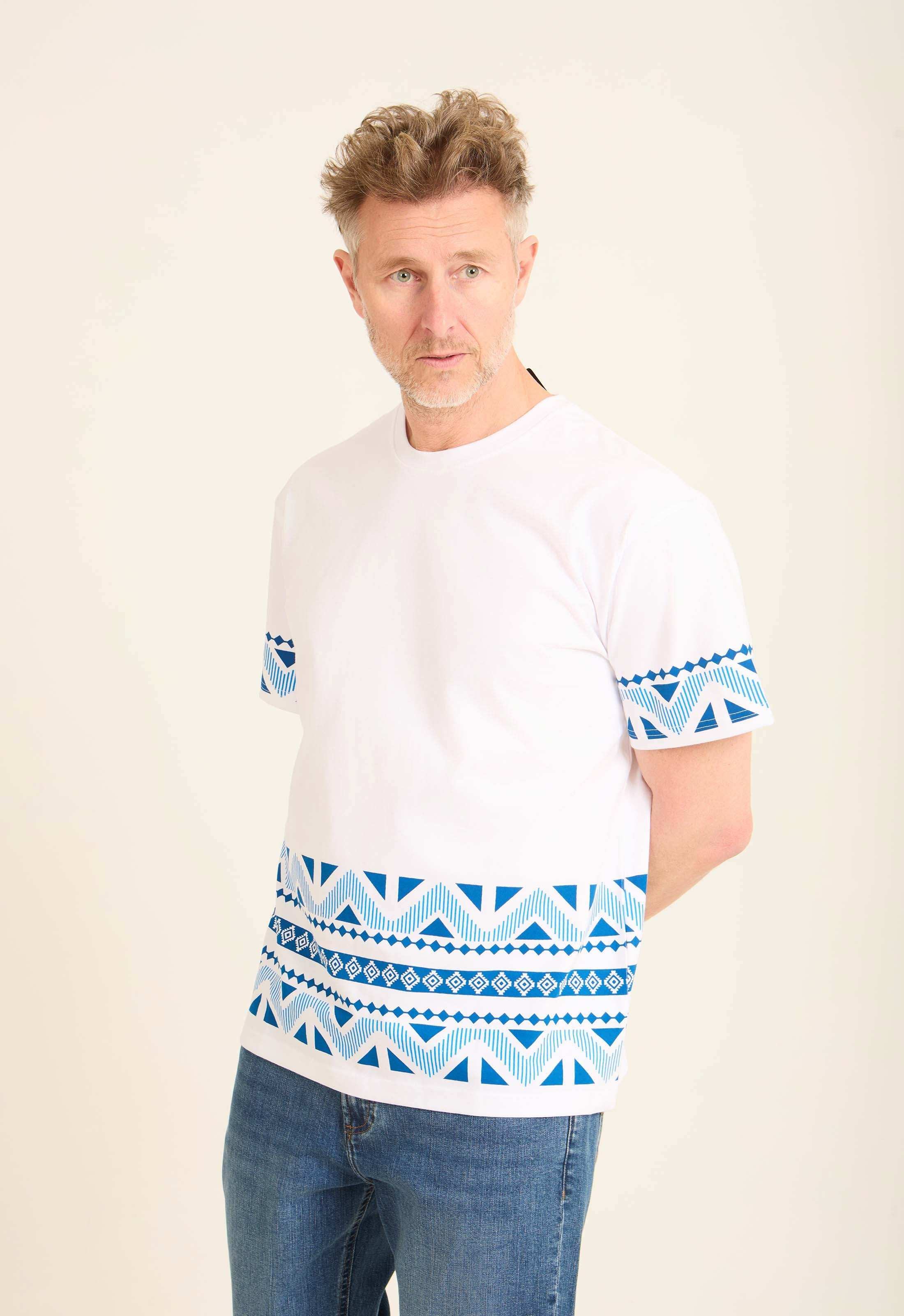 Crew Neck Tee with Geometric Pattern Trim