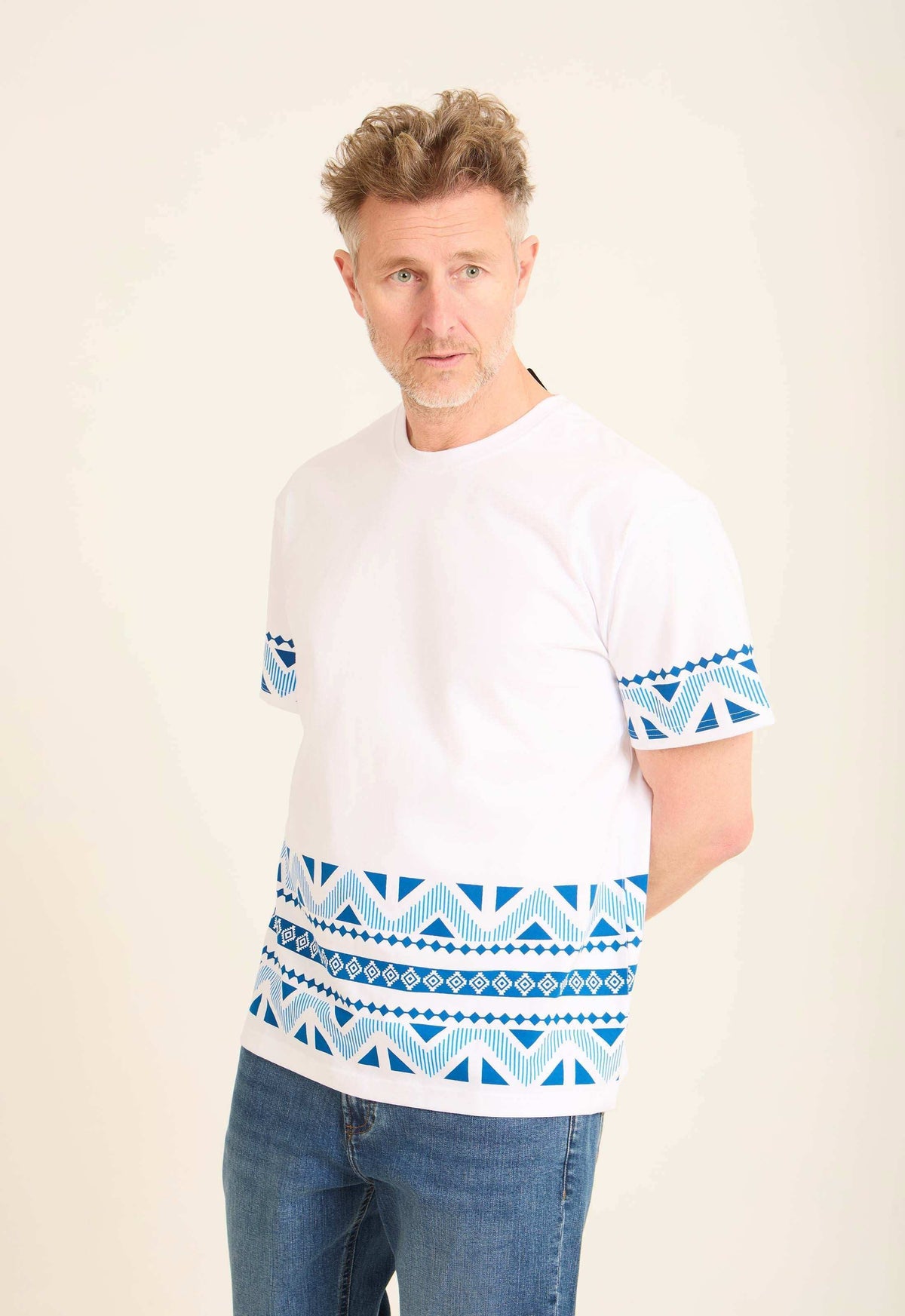 Crew Neck Tee with Geometric Pattern Trim