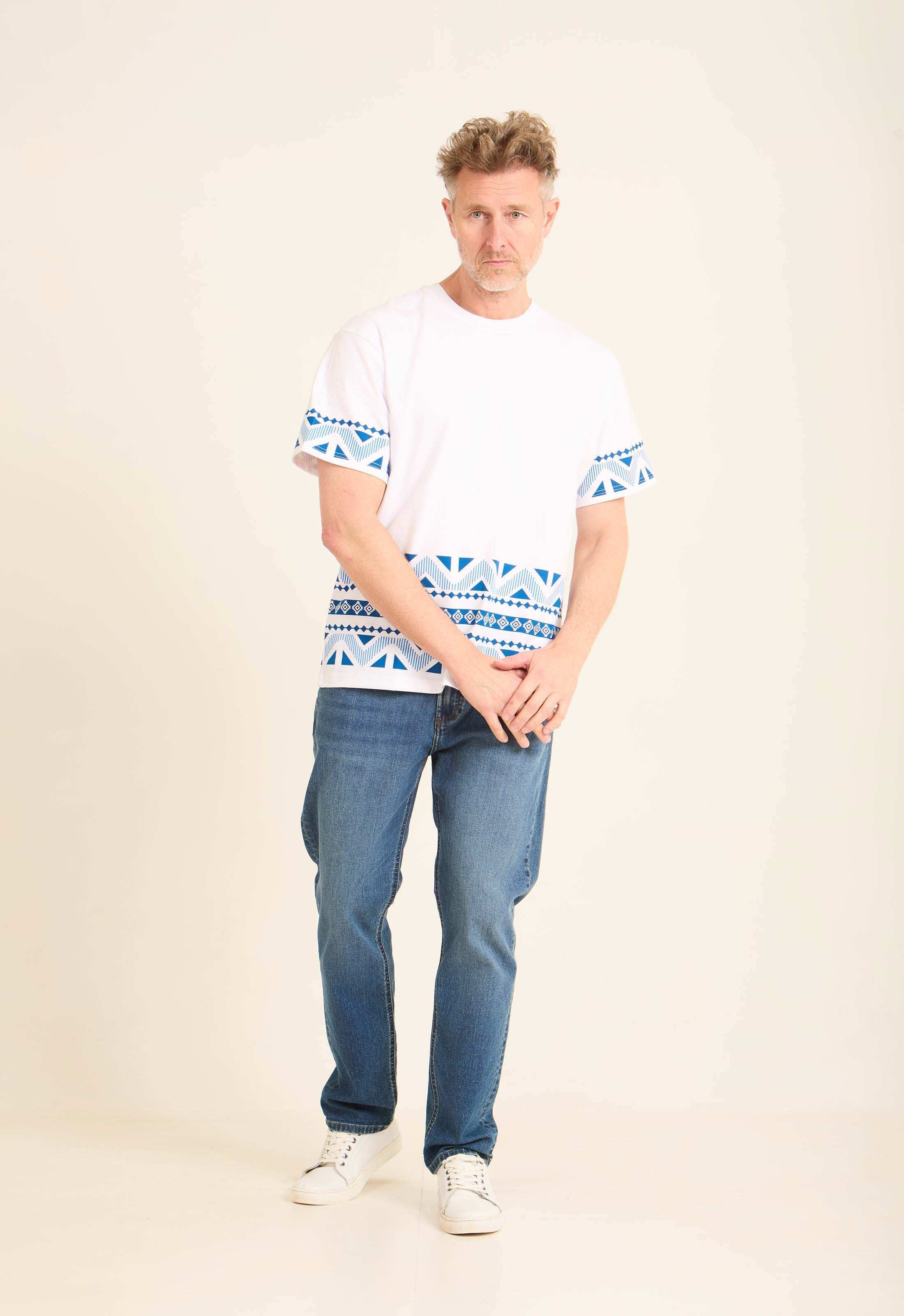 Crew Neck Tee with Geometric Pattern Trim