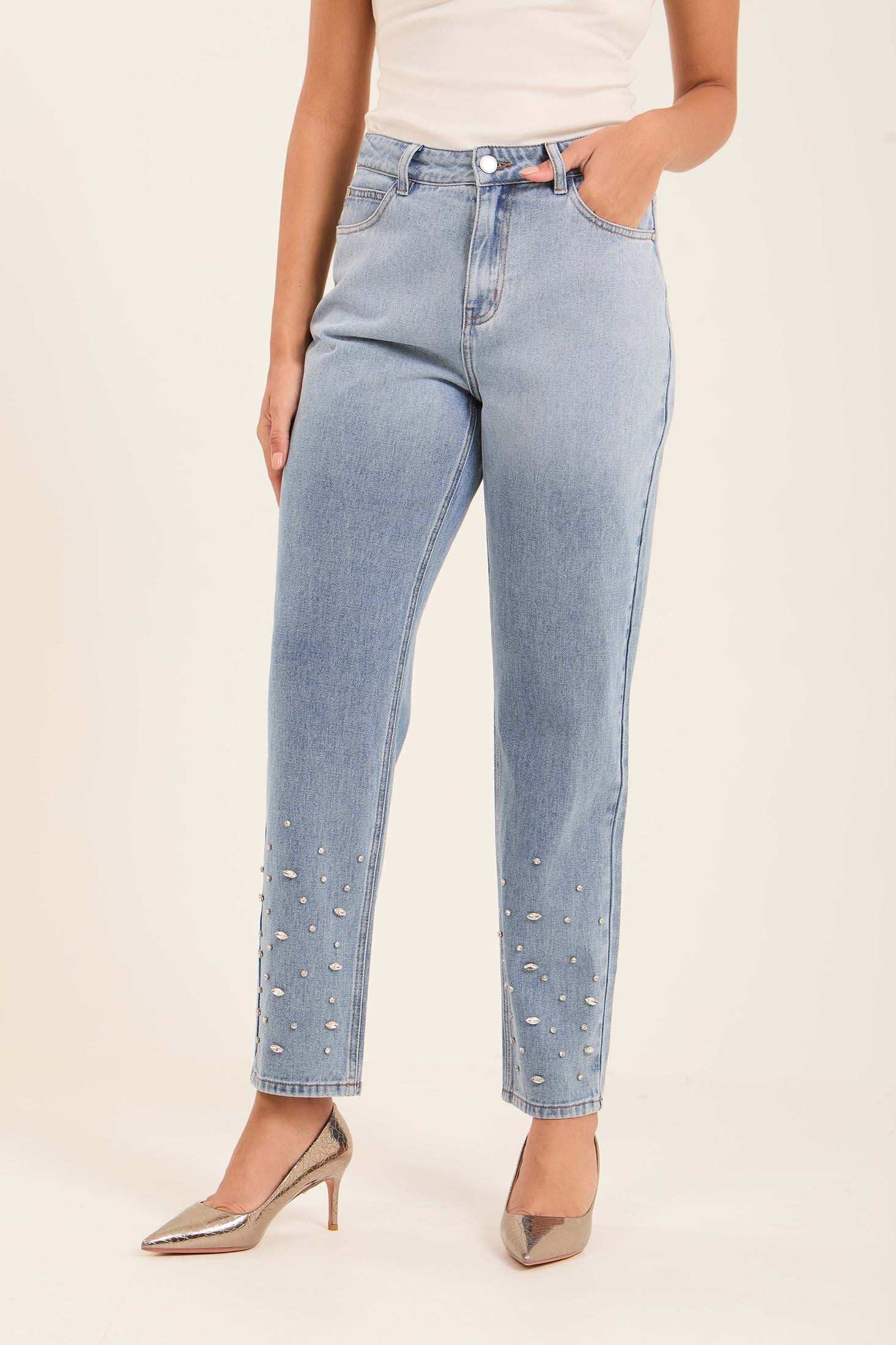 Pearl-Embellished Tapered Jeans