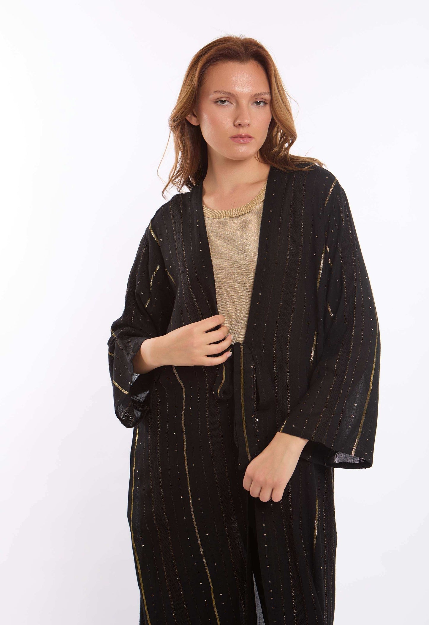 Golden Lines with Shiny Sequins Long Kimono