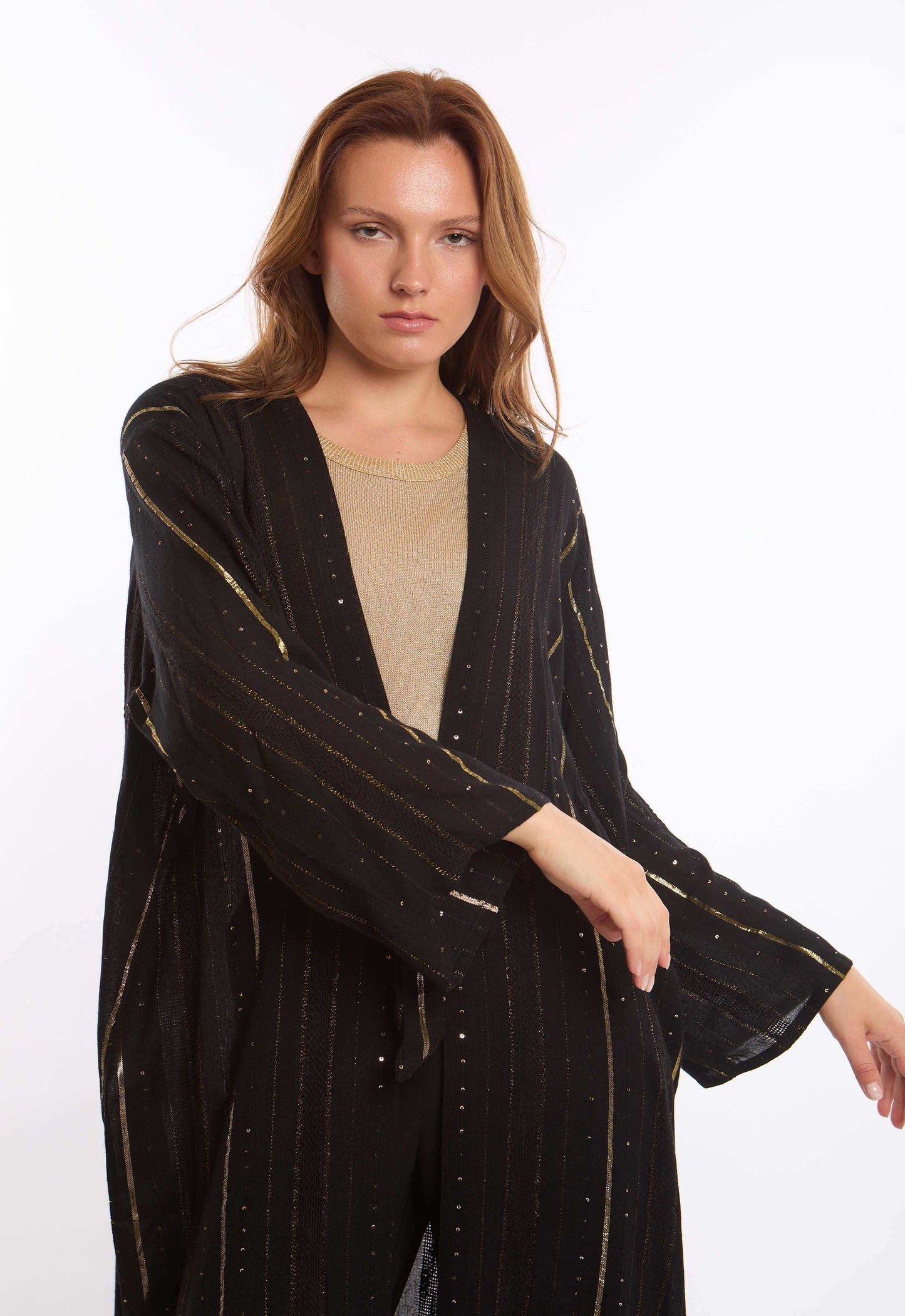 Golden Lines with Shiny Sequins Long Kimono
