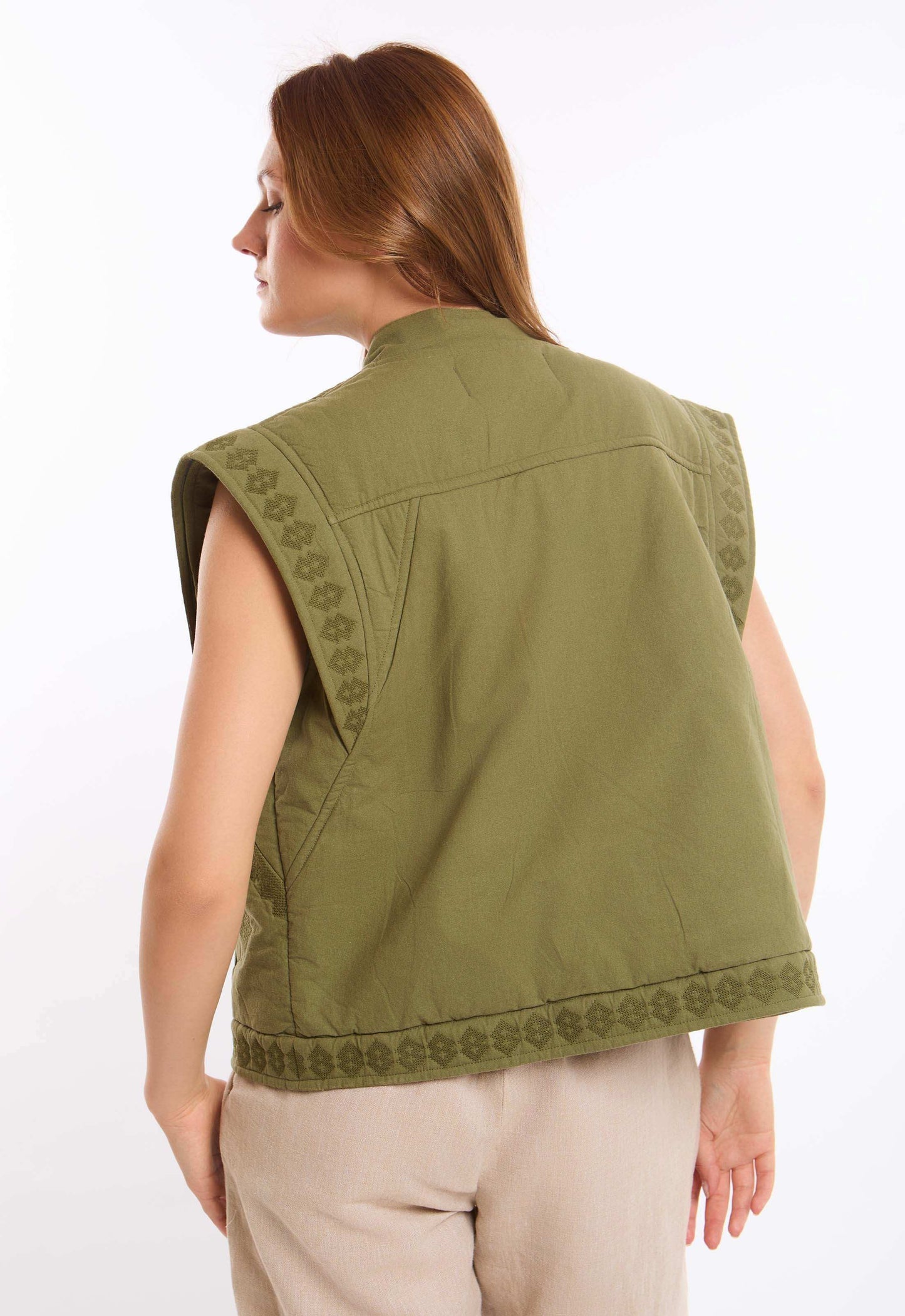 Embroidered Cap Sleeves Vest with Snap Buttons