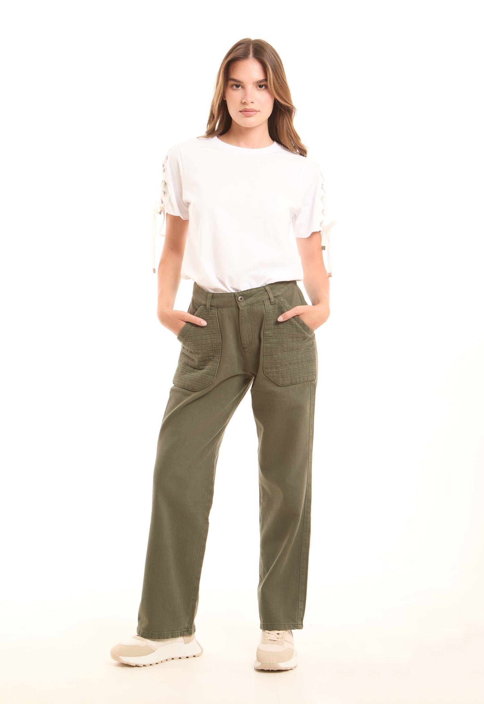 High-Waist Cotton Pants with Oversized Quilted Pockets