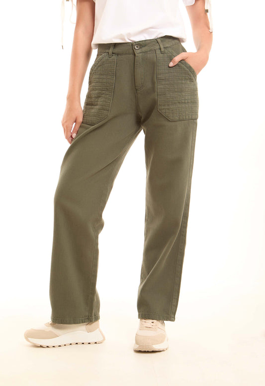High-Waist Cotton Pants with Oversized Quilted Pockets