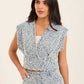 Cap Sleeves Squiggle Pattern Denim Vest