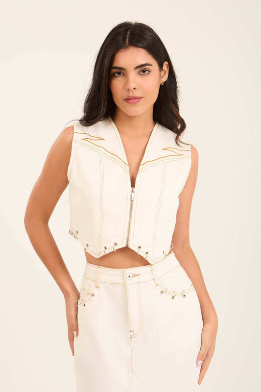 Deep V-Neck Zipped Vest with Decorative Rings