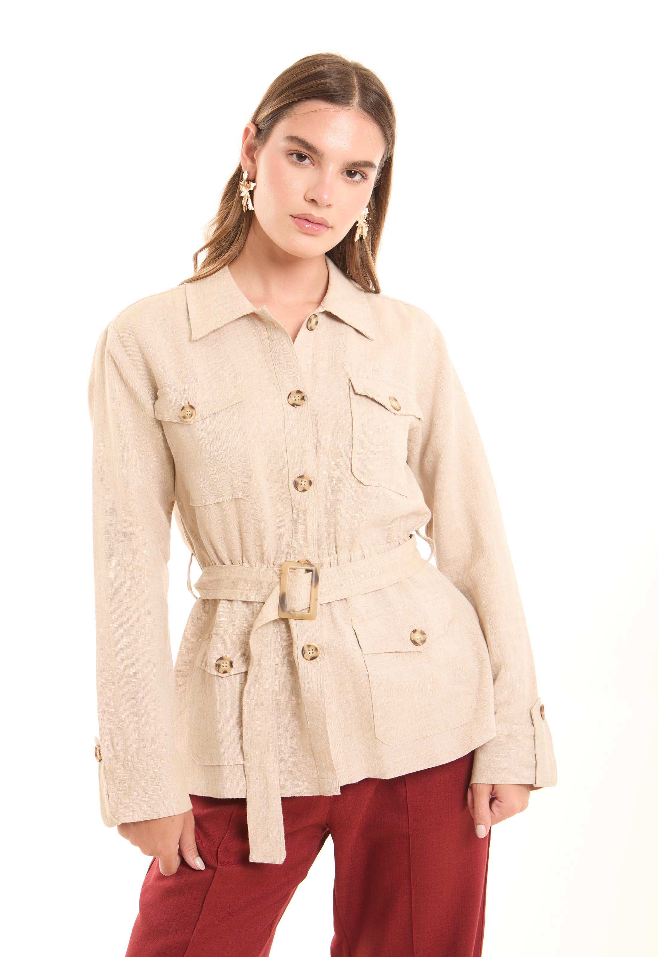 Belted Cotton-Linen Utility Jacket