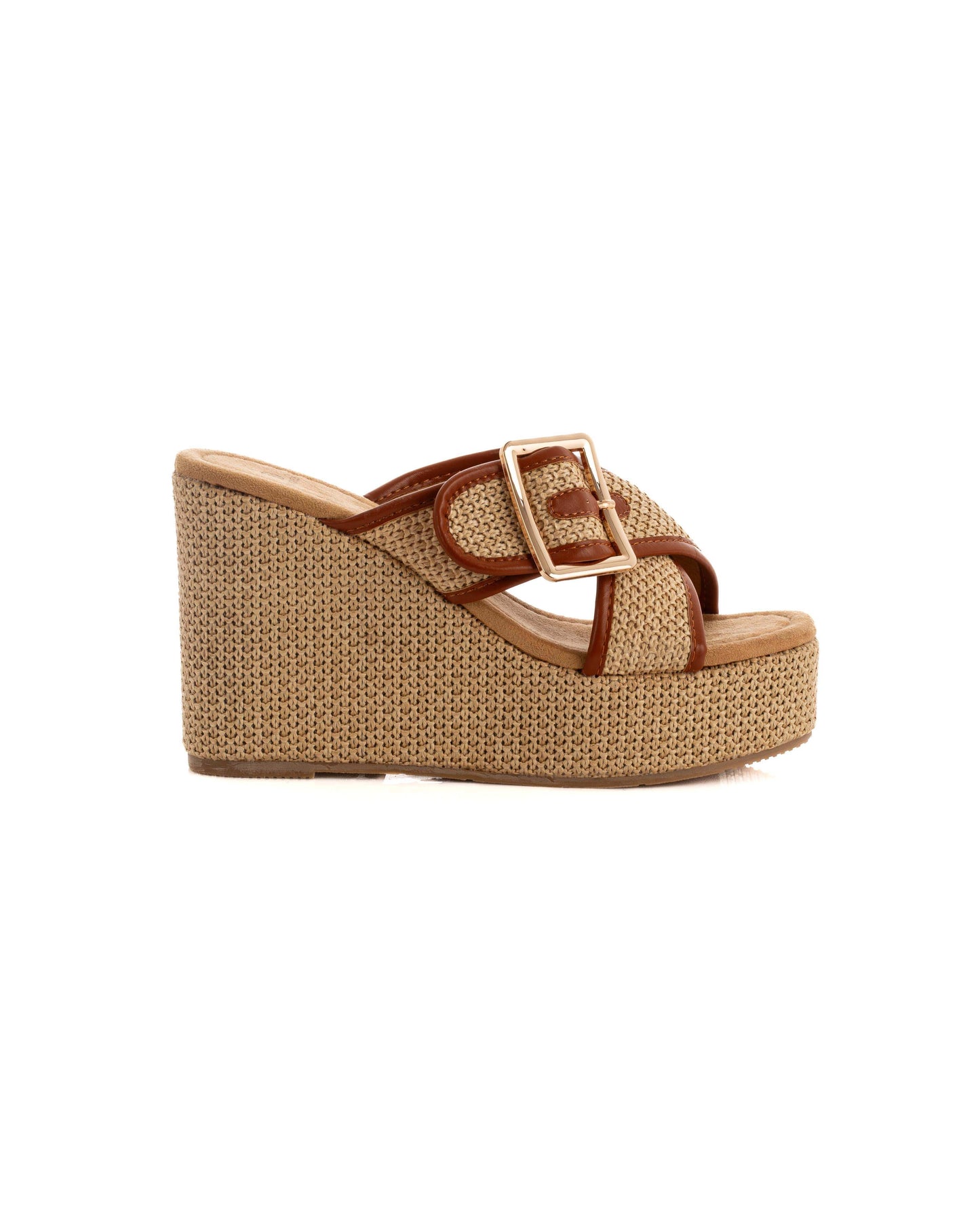 Comfy Buckled Cross-Strap Wedge Mules