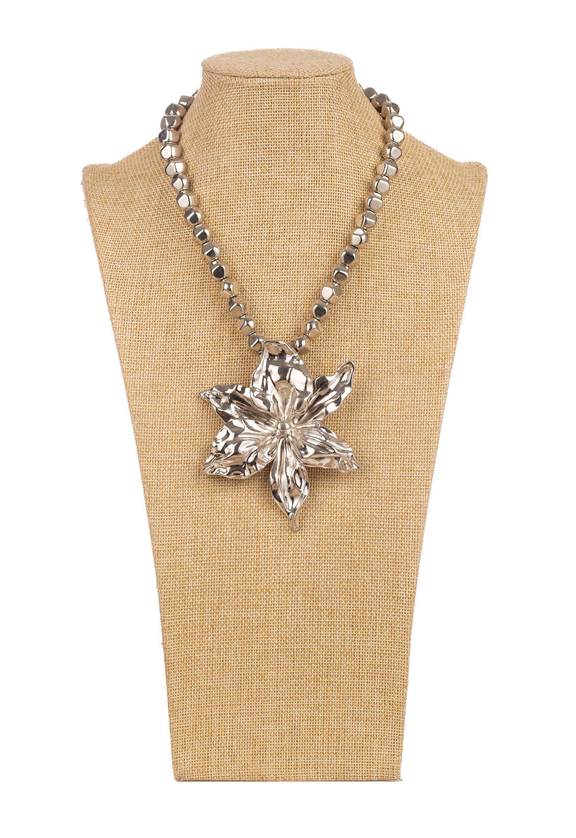Intricate Floral Statement Necklace in Silver Tone