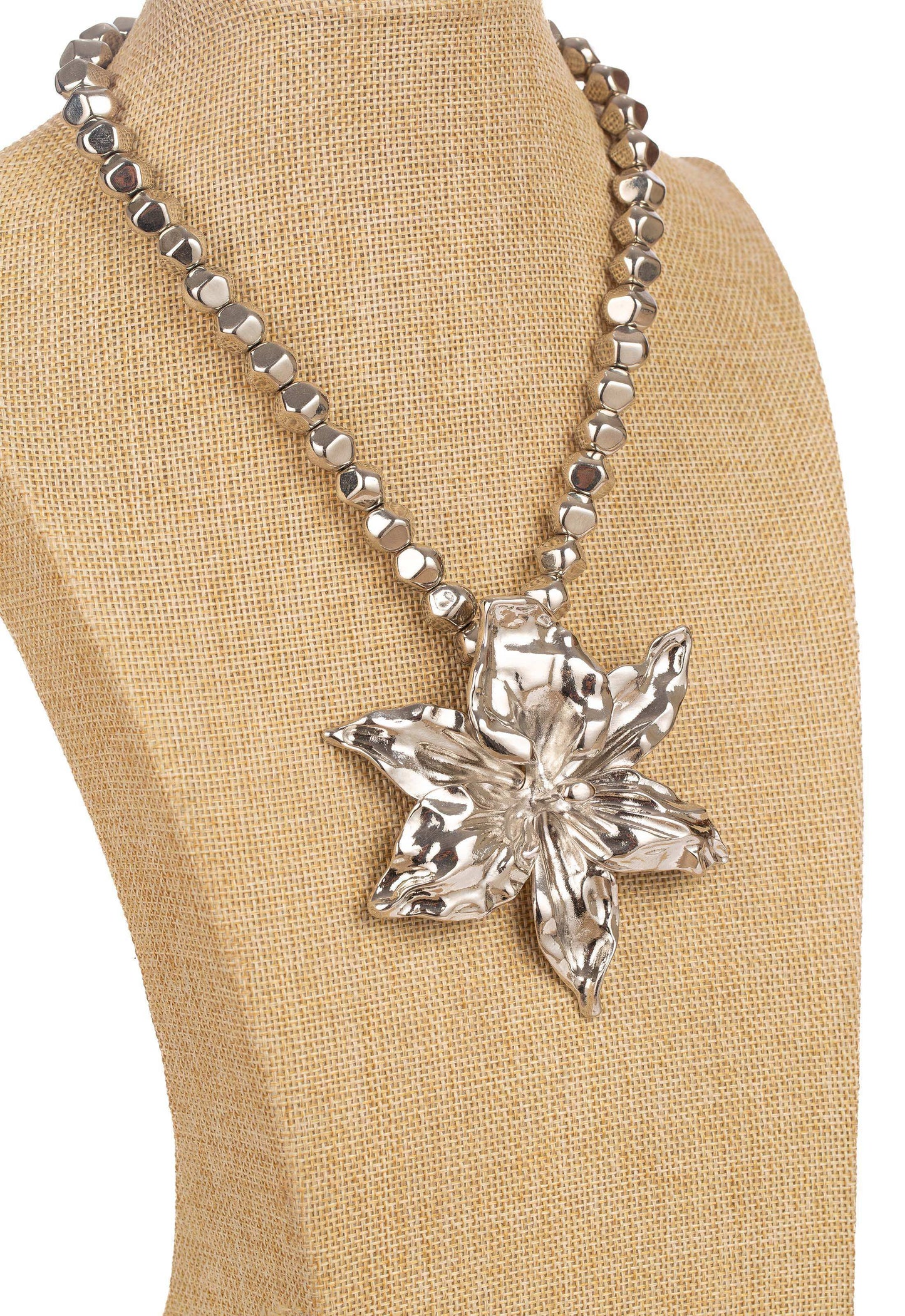 Intricate Floral Statement Necklace in Silver Tone