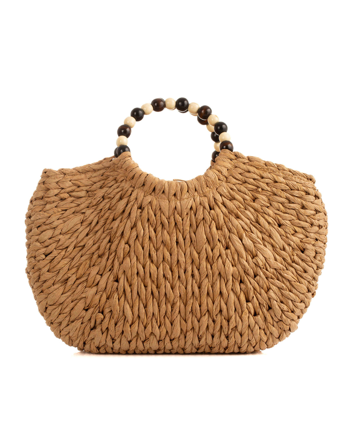 Wooden Bead Handle Straw Beach Bag