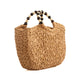 Wooden Bead Handle Straw Beach Bag