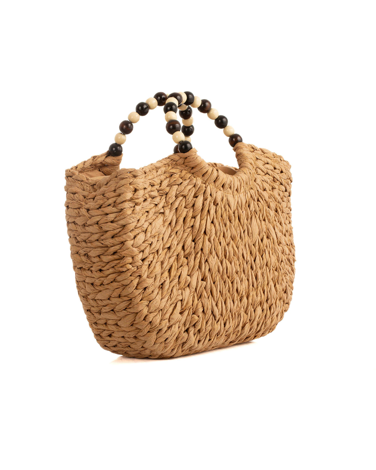 Wooden Bead Handle Straw Beach Bag