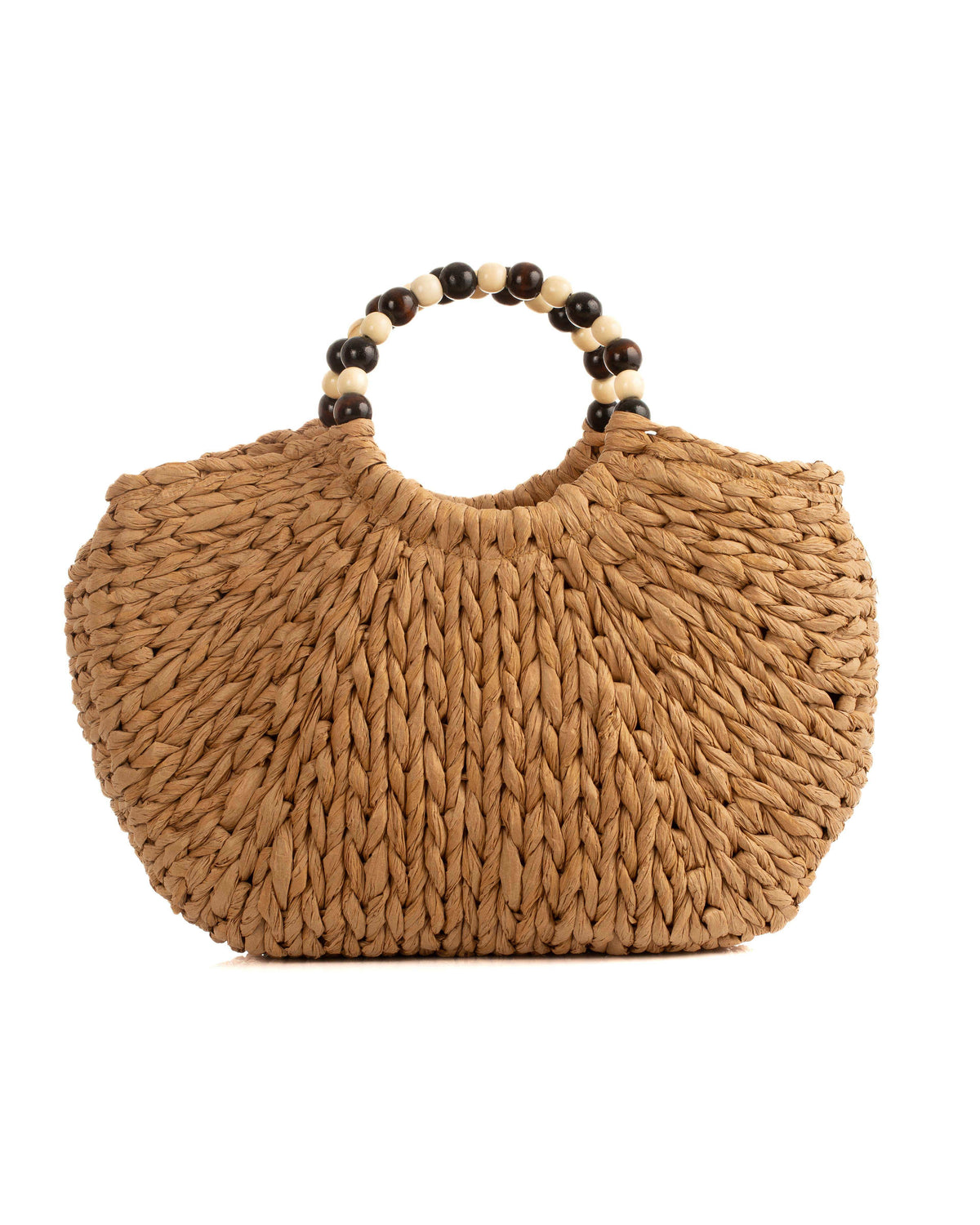 Wooden Bead Handle Straw Beach Bag