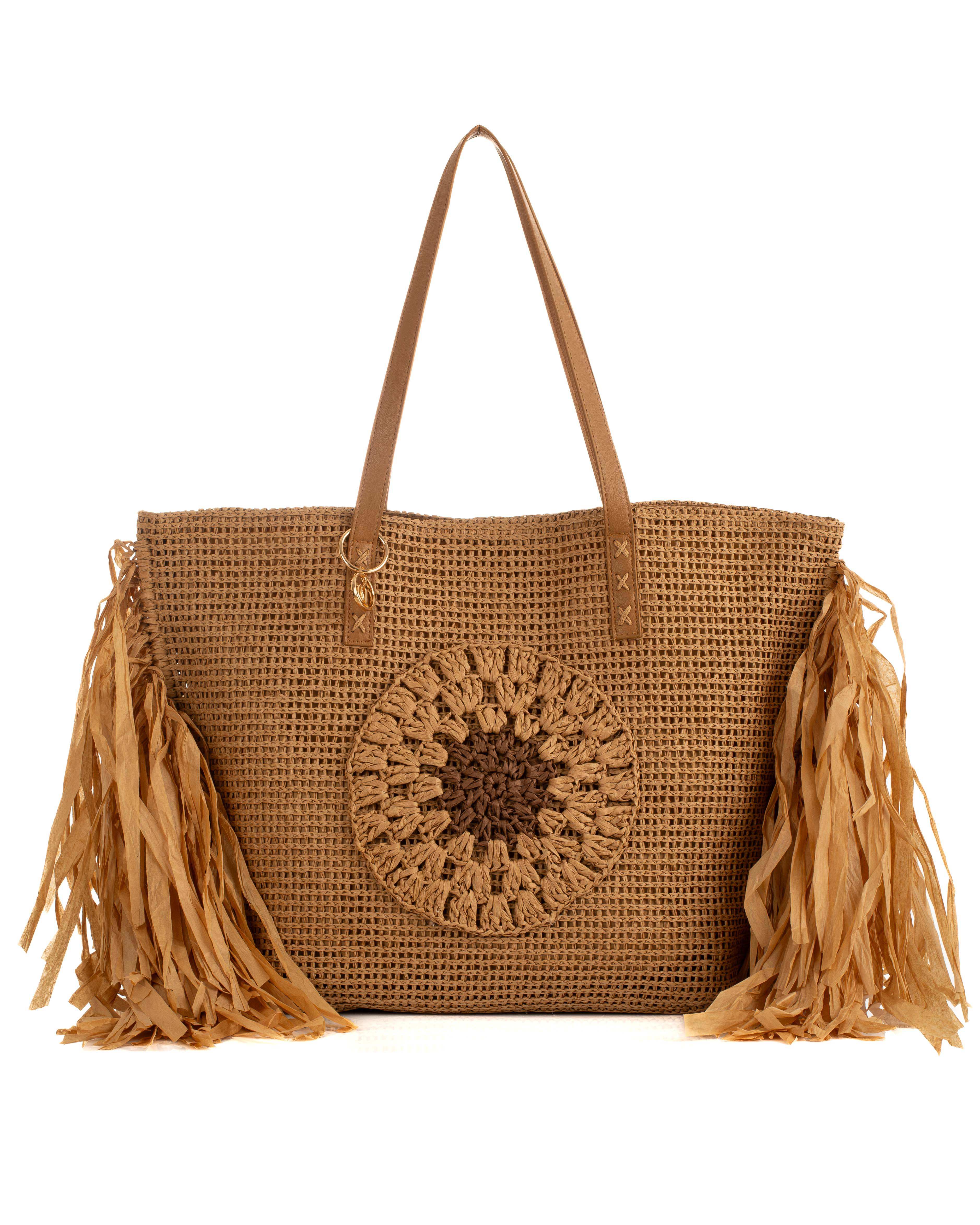Knitted Straw Beach Shoulder-Bag with Fringes