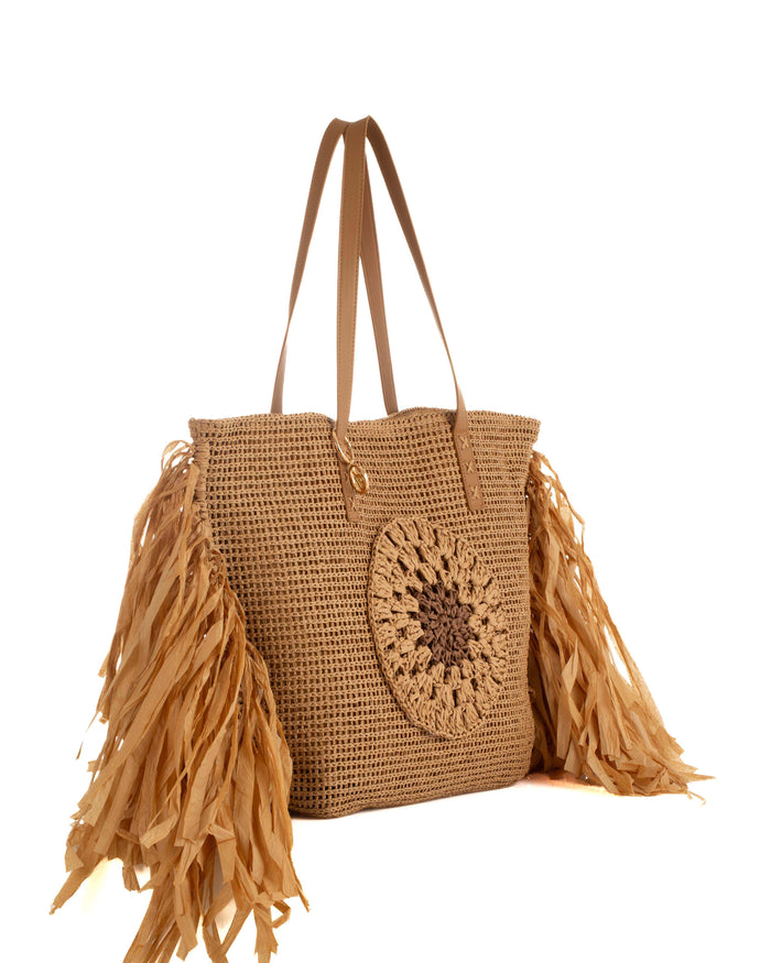 Knitted Straw Beach Shoulder-Bag with Fringes