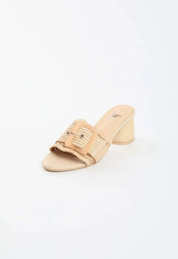 Woven Buckle Block Heel Mules