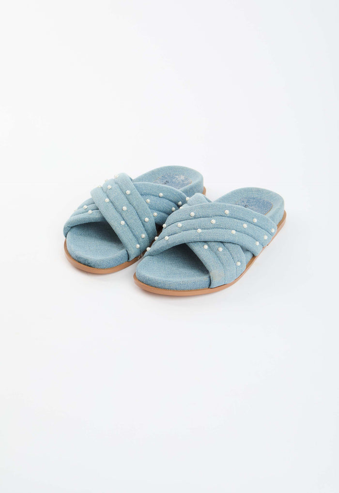 Pearl Embellished Slide Denim Sandals