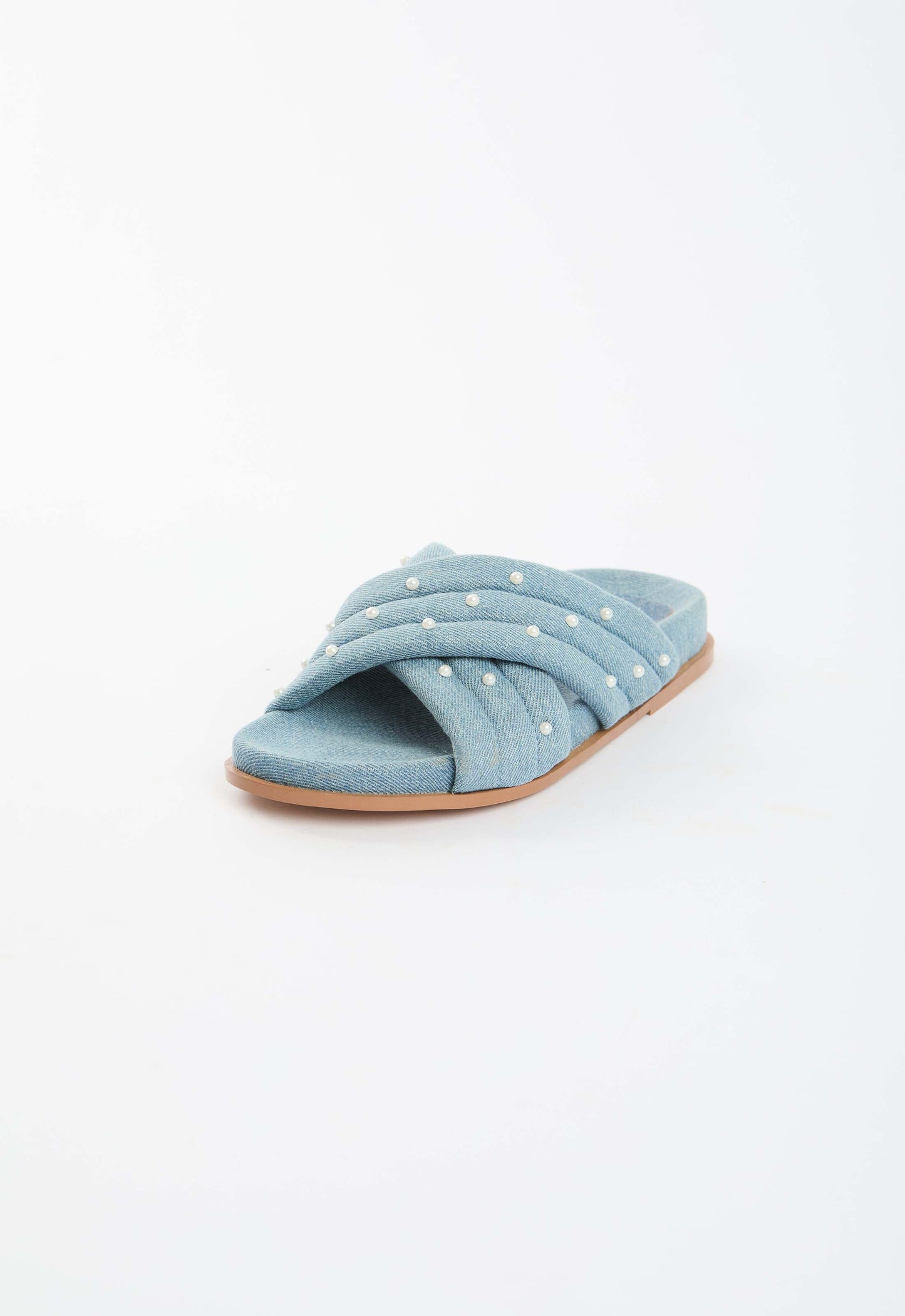 Pearl Embellished Slide Denim Sandals