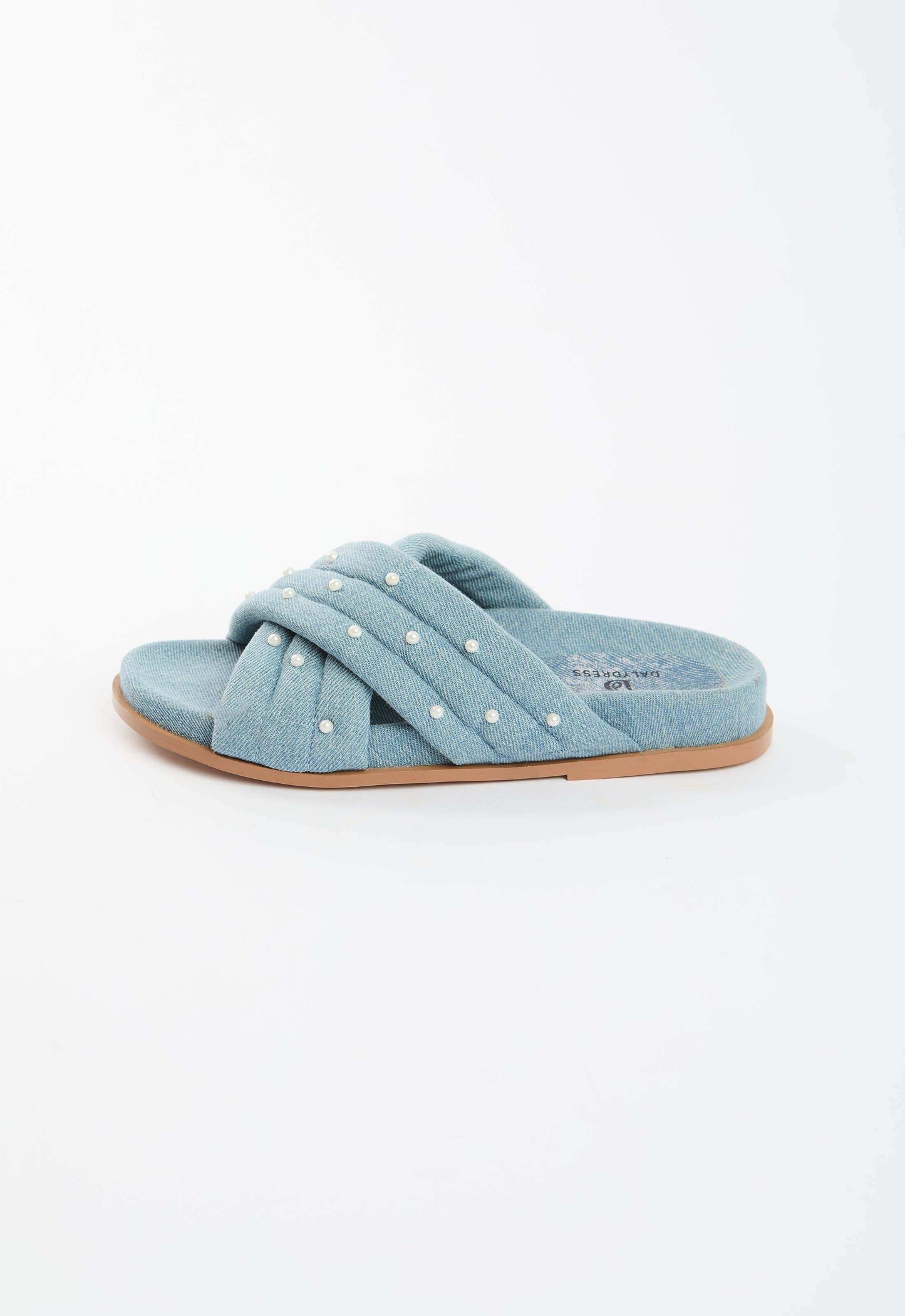 Pearl Embellished Slide Denim Sandals