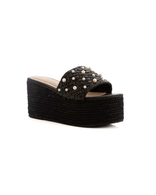 Pearl Embellished Raffia Wedge Sandals