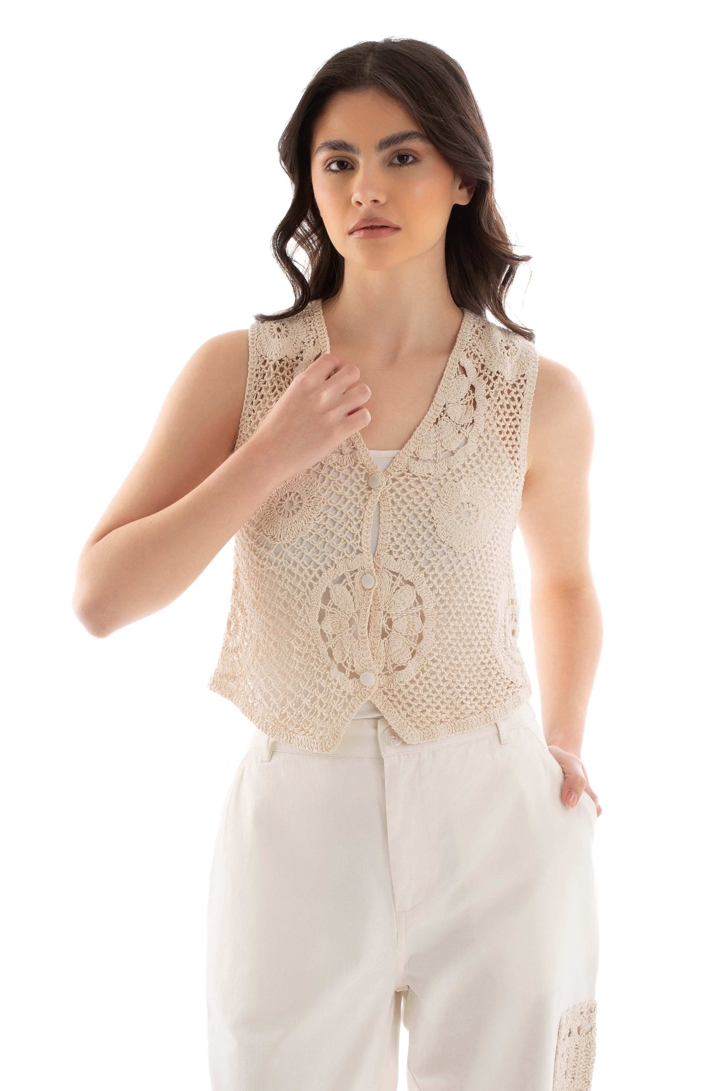 Feminine Perforated Crochet Vest