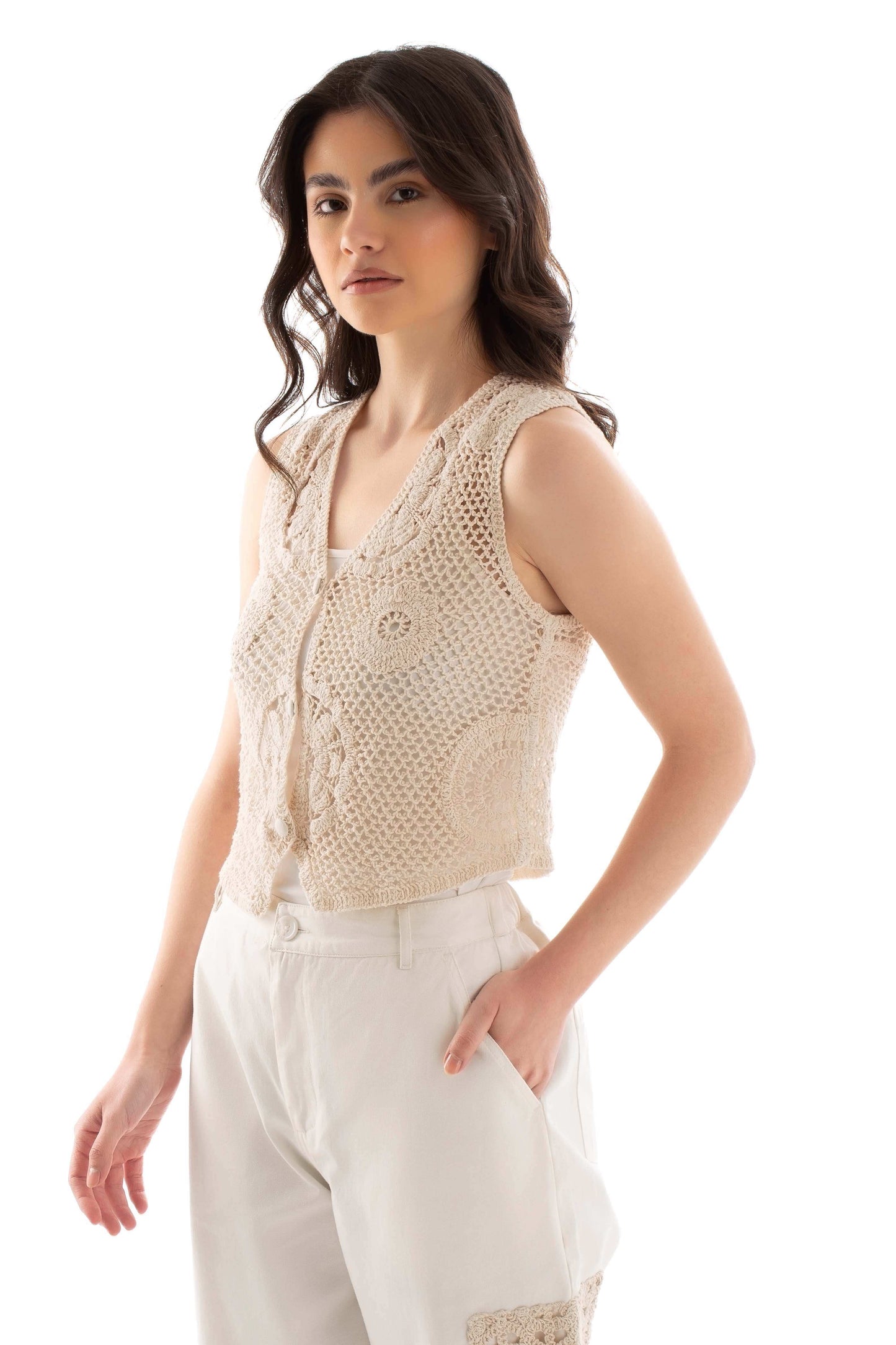 Feminine Perforated Crochet Vest