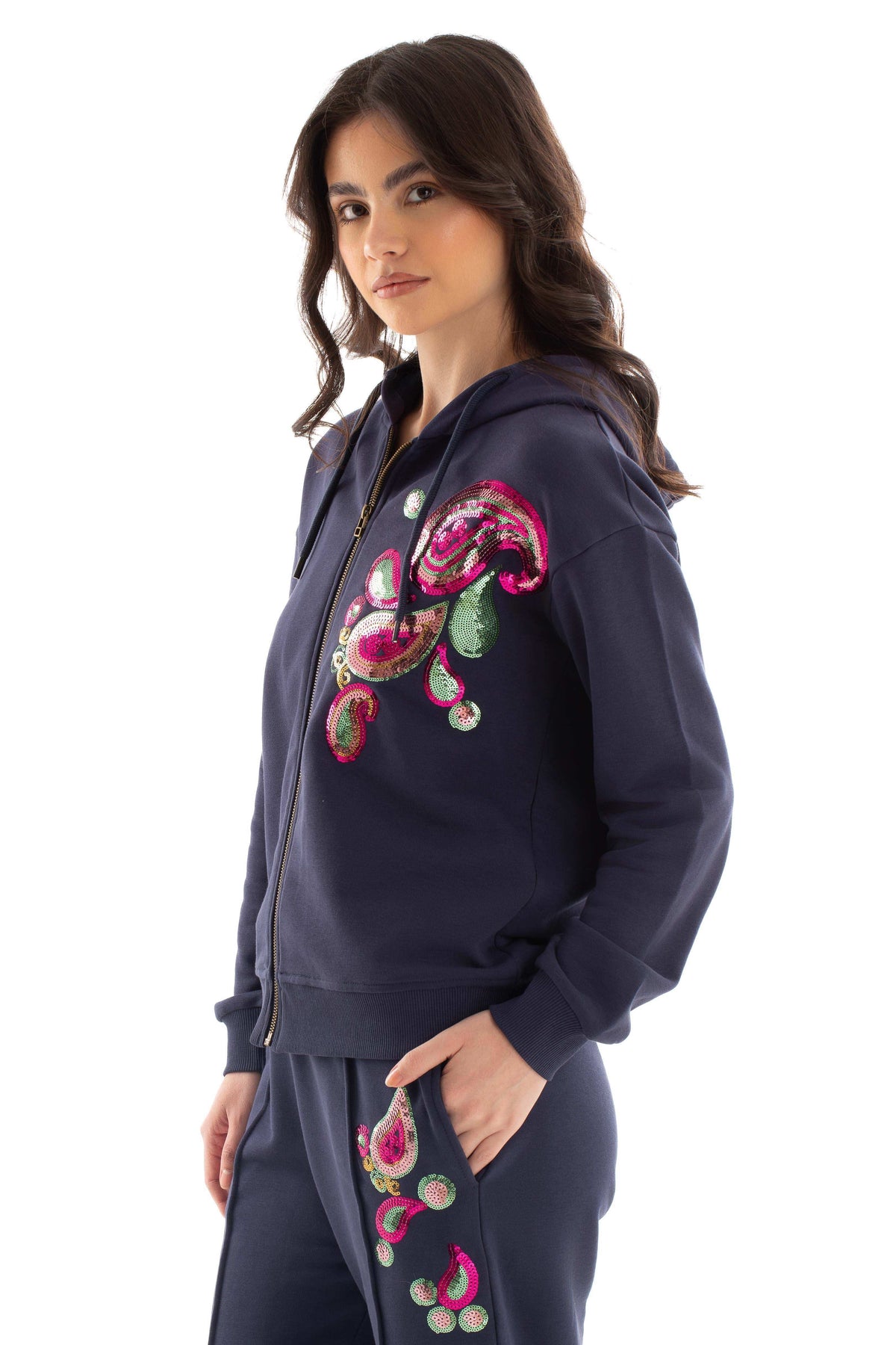 Stitched Colorful Sequins Zip-Up Hoodie
