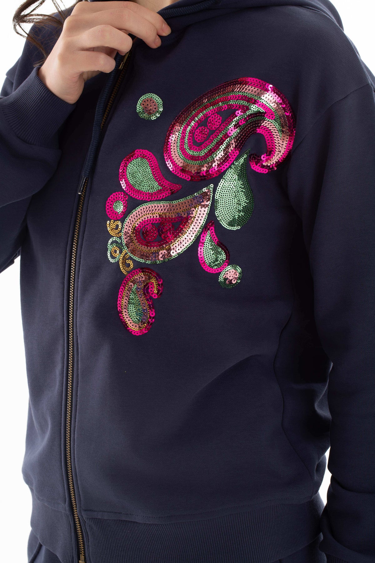 Stitched Colorful Sequins Zip-Up Hoodie