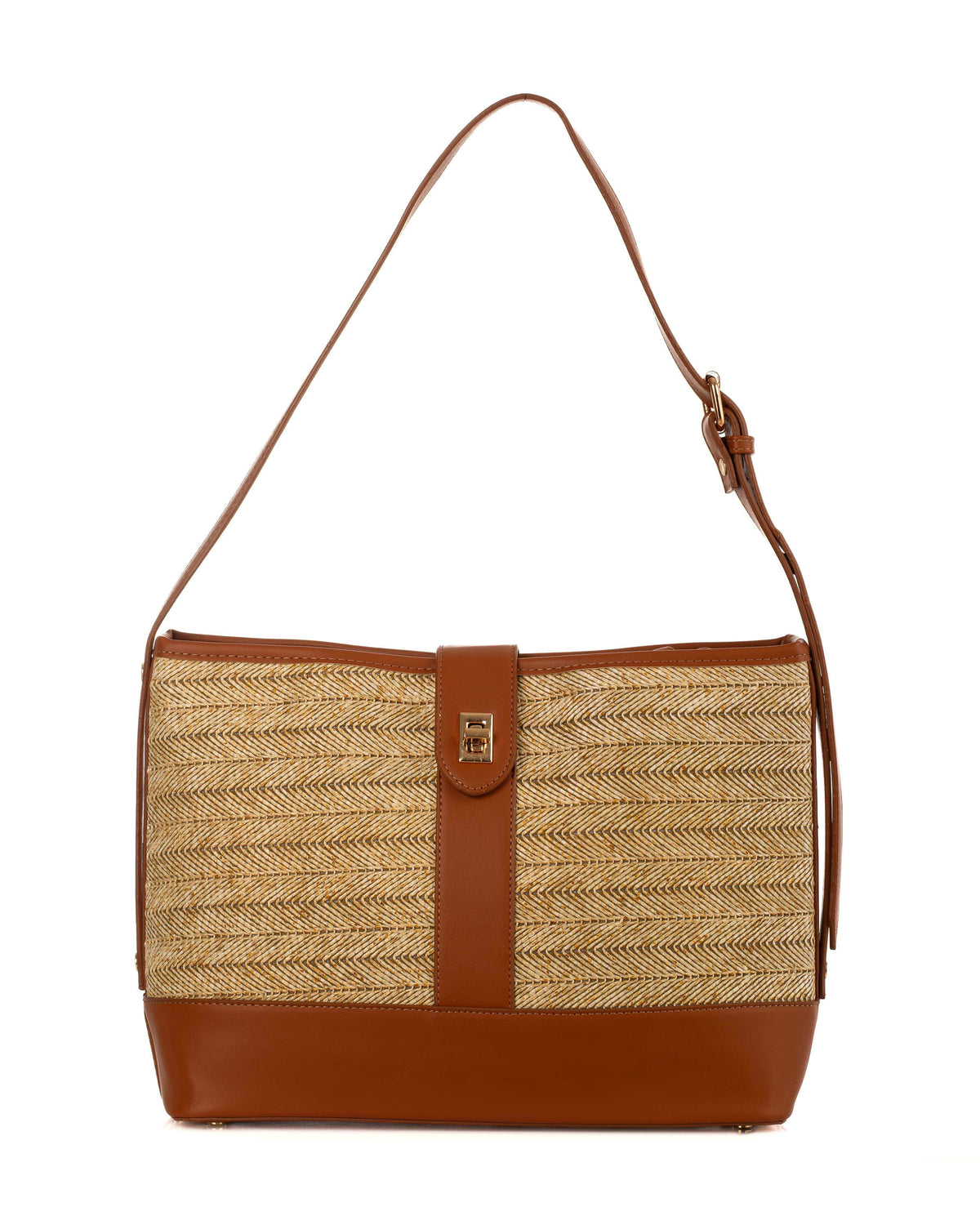 Straw & PU Leather Belted Crossbody Bag