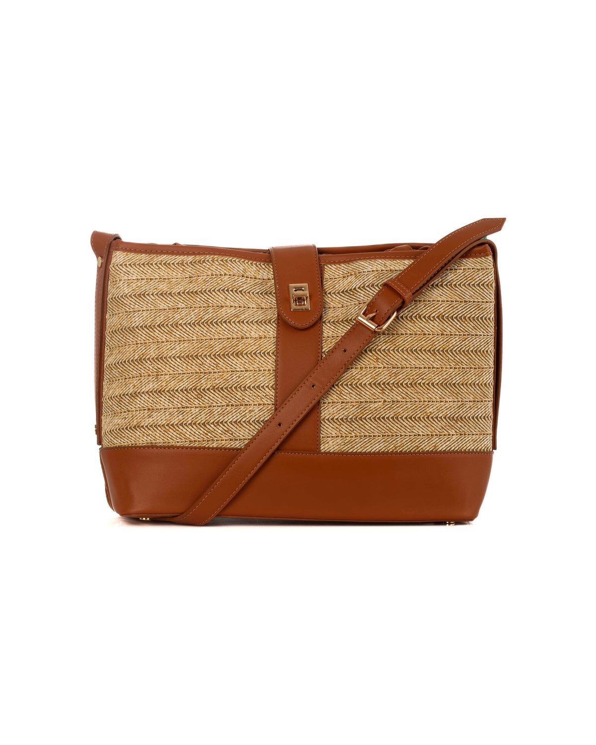 Straw & PU Leather Belted Crossbody Bag