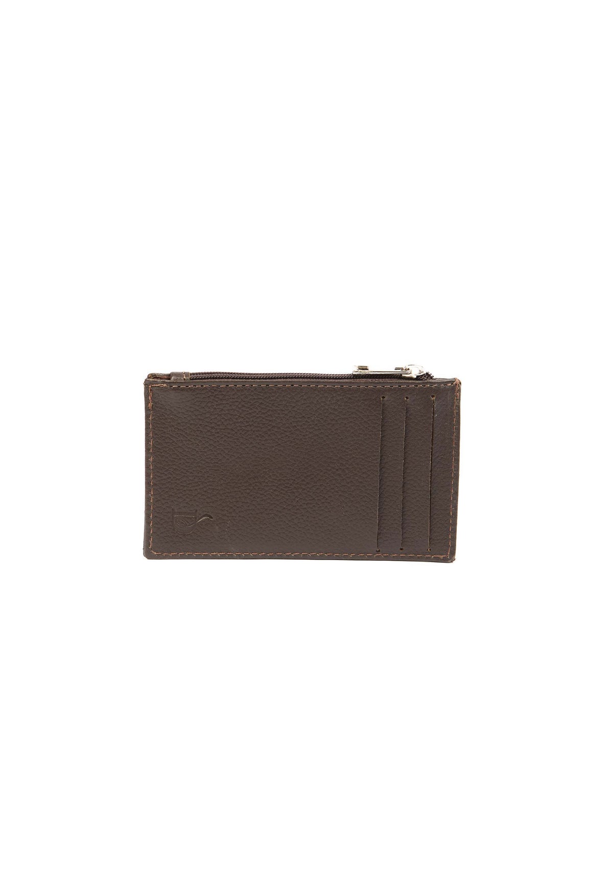 Solid Leather Cards Holder with Zipped Pocket - Brown