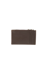 Solid Leather Cards Holder with Zipped Pocket - Brown