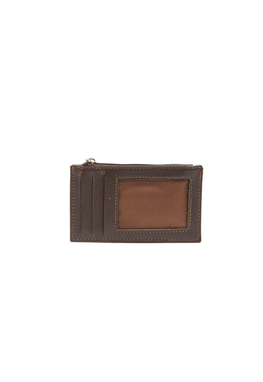 Solid Leather Cards Holder with Zipped Pocket - Brown