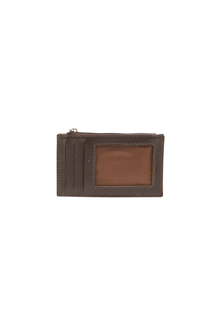 Solid Leather Cards Holder with Zipped Pocket - Brown