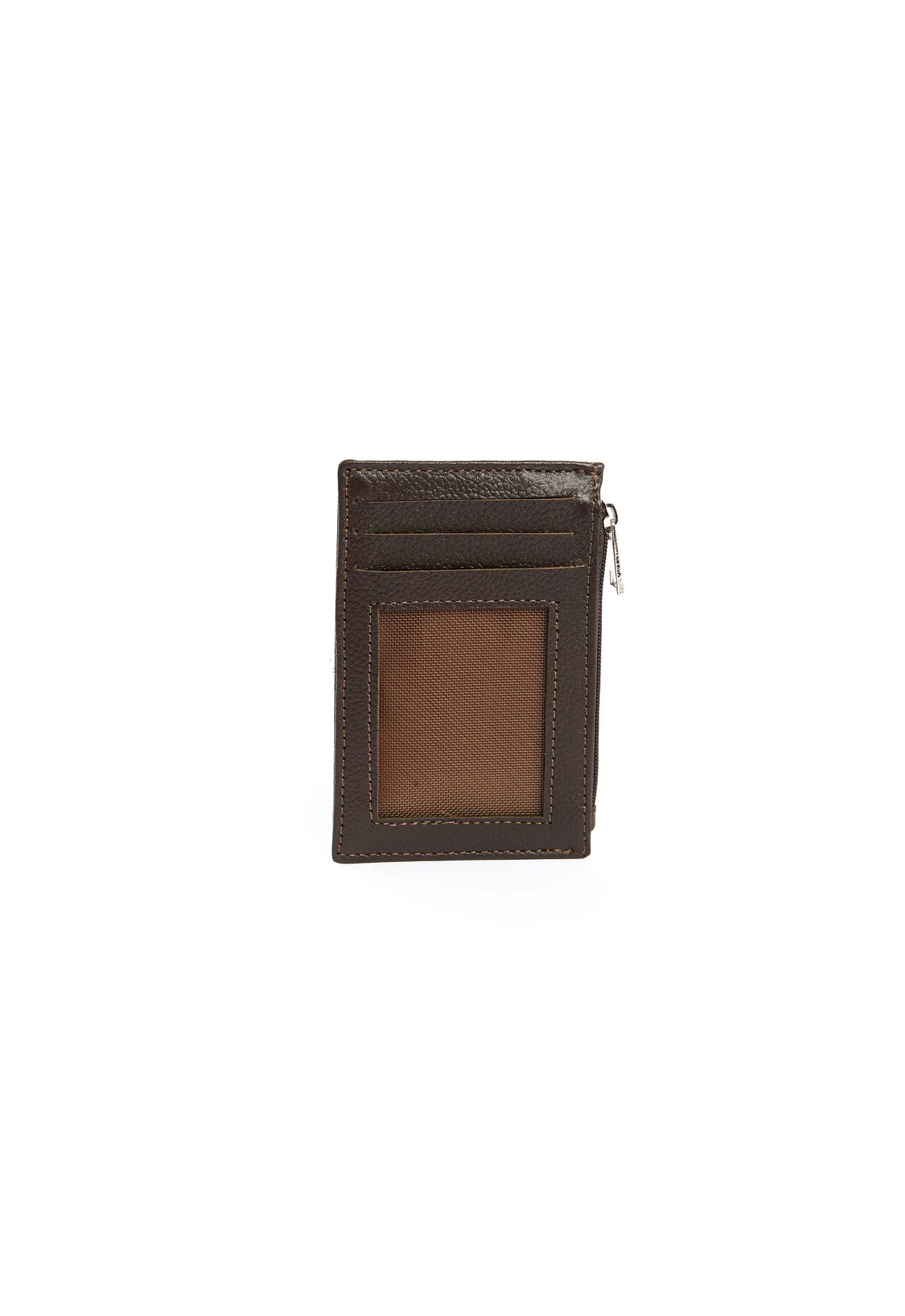 Solid Leather Cards Holder with Zipped Pocket - Brown