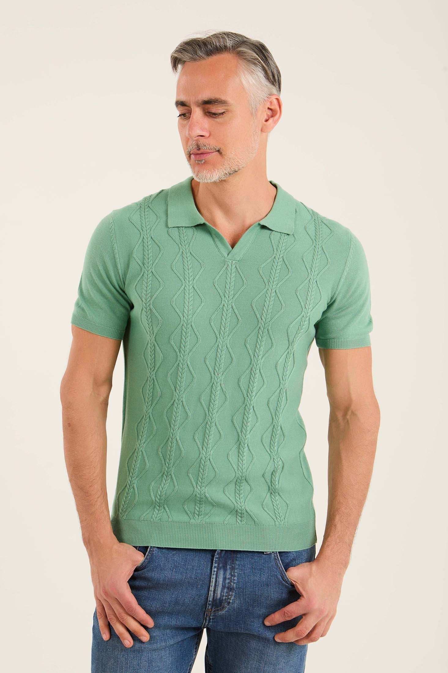 Braided Knit Open V-Neck Polo Shirt