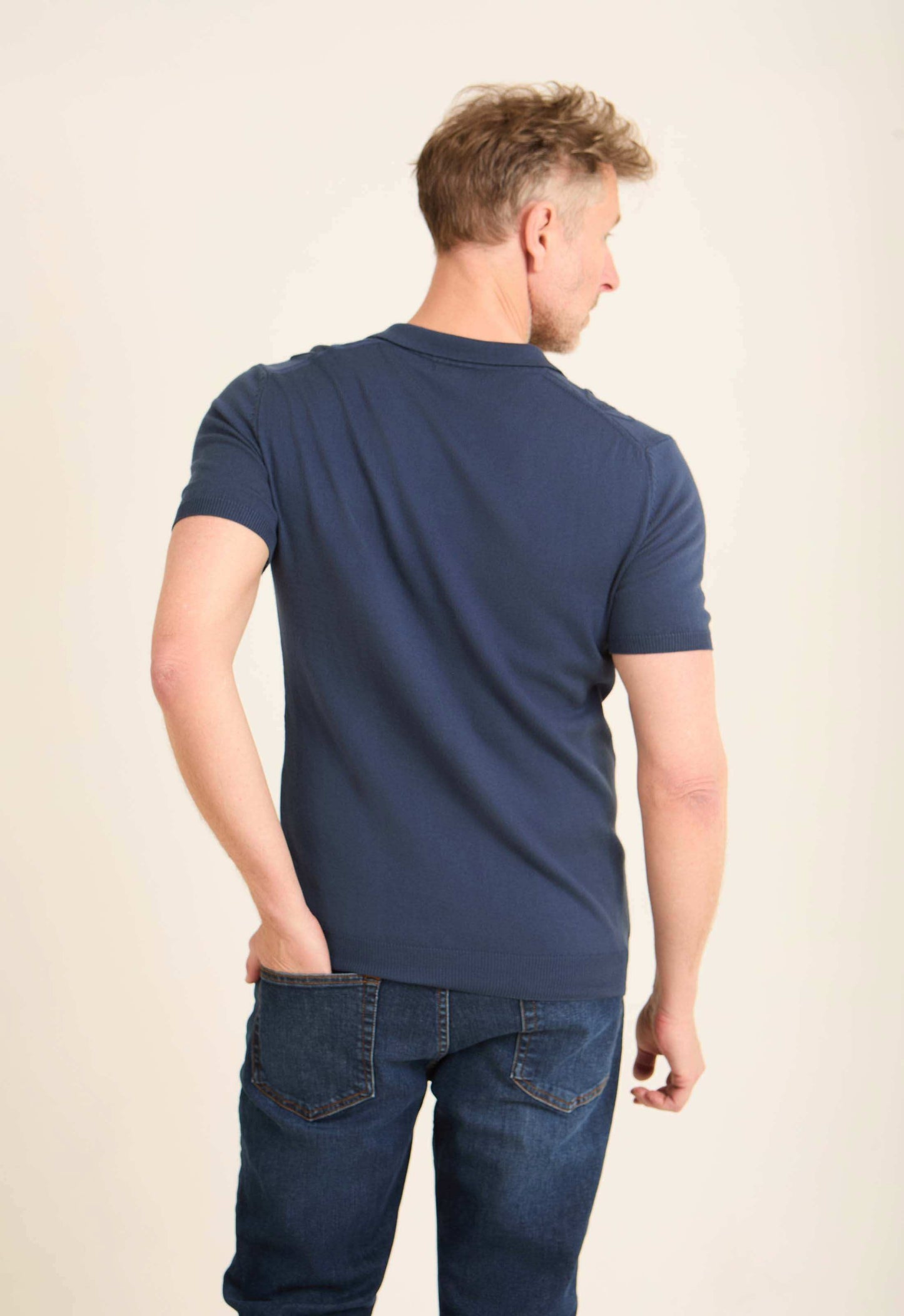 Braided Knit Open V-Neck Polo Shirt