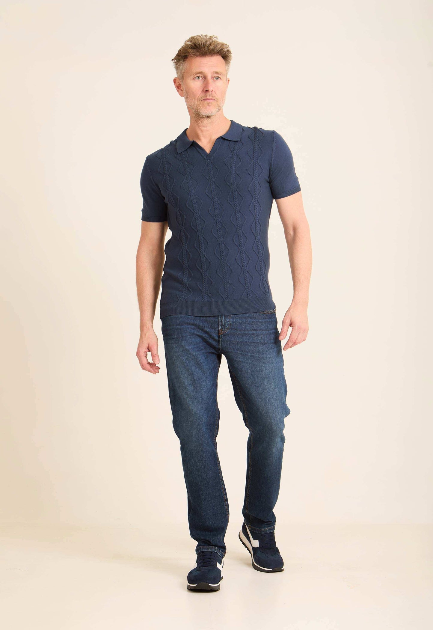 Braided Knit Open V-Neck Polo Shirt